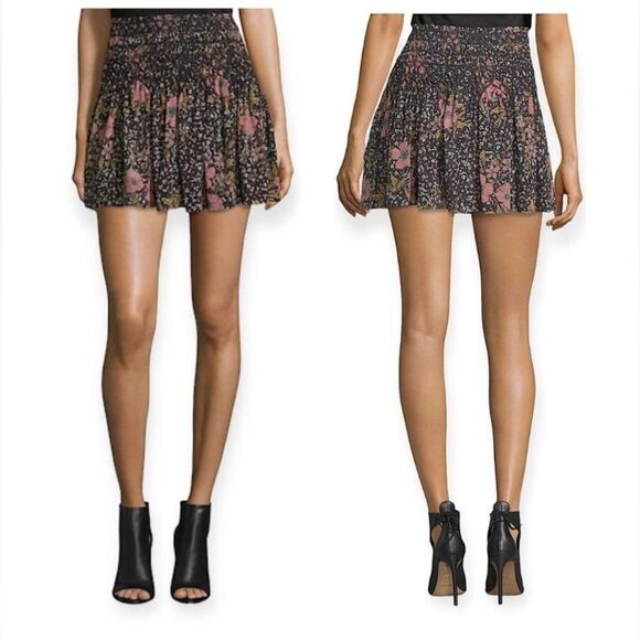 Zadig and Voltaire Jessy smocked Floral mini Skirt In Noir Pink 38 - Picture 1 of 9